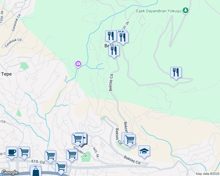 map of restaurants, bars, coffee shops, grocery stores, and more near Bektaş Caddesi in Alanya
