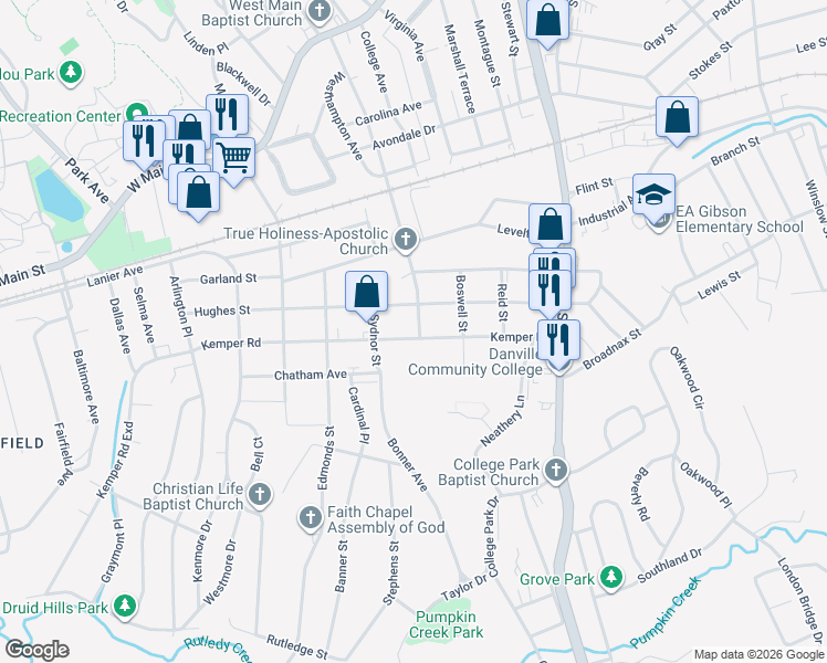 map of restaurants, bars, coffee shops, grocery stores, and more near 421 Kemper Road in Danville