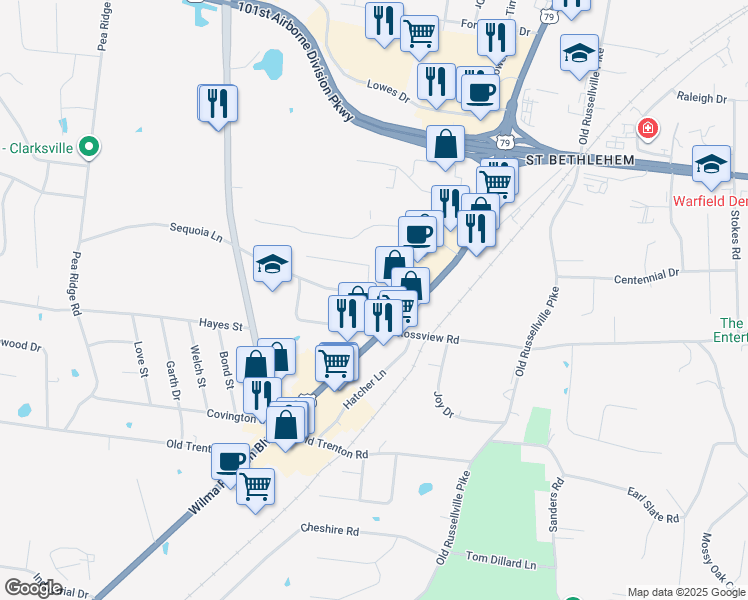 map of restaurants, bars, coffee shops, grocery stores, and more near 115 Fairview Lane in Clarksville
