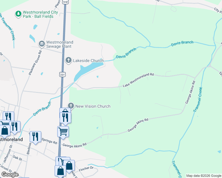 map of restaurants, bars, coffee shops, grocery stores, and more near 304 Lake Westmoreland Road in Westmoreland
