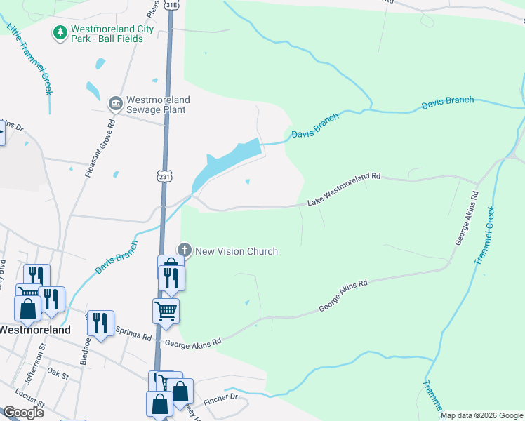 map of restaurants, bars, coffee shops, grocery stores, and more near 304 Lake Westmoreland Road in Westmoreland