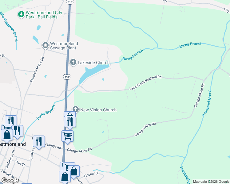 map of restaurants, bars, coffee shops, grocery stores, and more near 304 Lake Westmoreland Road in Westmoreland