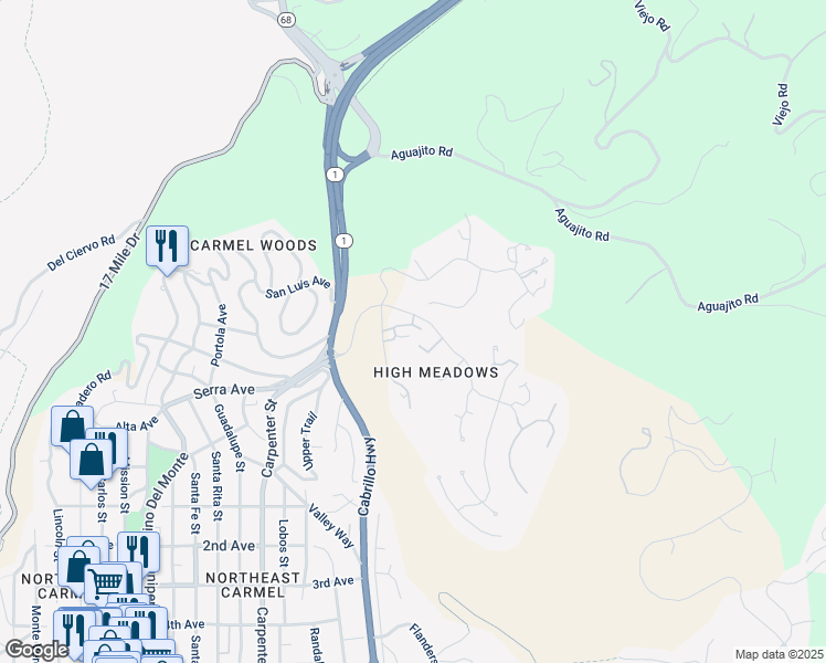 map of restaurants, bars, coffee shops, grocery stores, and more near 23 High Meadow Drive in Carmel-by-the-Sea