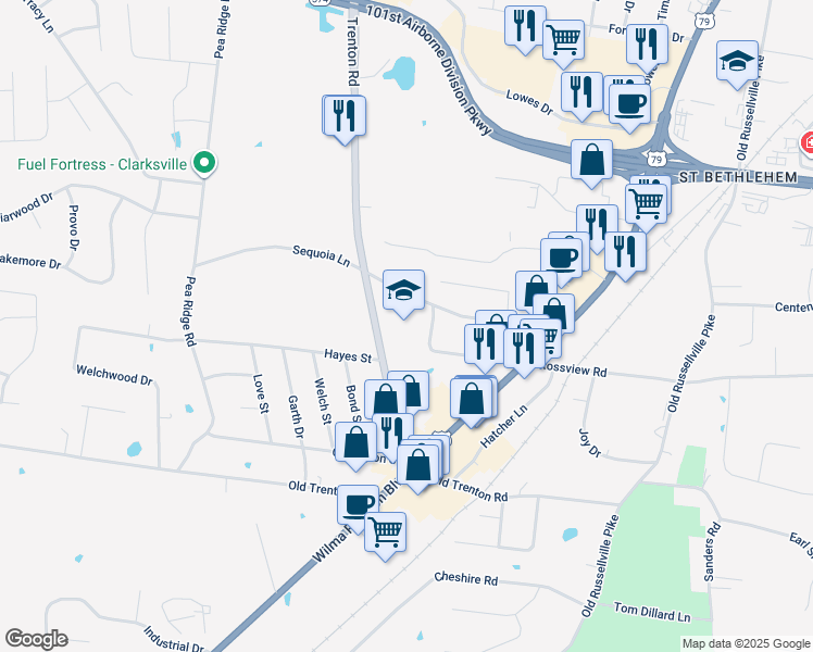 map of restaurants, bars, coffee shops, grocery stores, and more near 303 Fairview Lane in Clarksville
