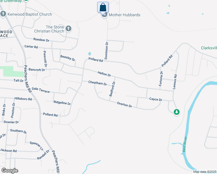 map of restaurants, bars, coffee shops, grocery stores, and more near 520 Cheatham Drive in Clarksville