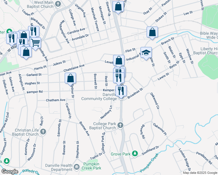 map of restaurants, bars, coffee shops, grocery stores, and more near 138 Kemper Road in Danville