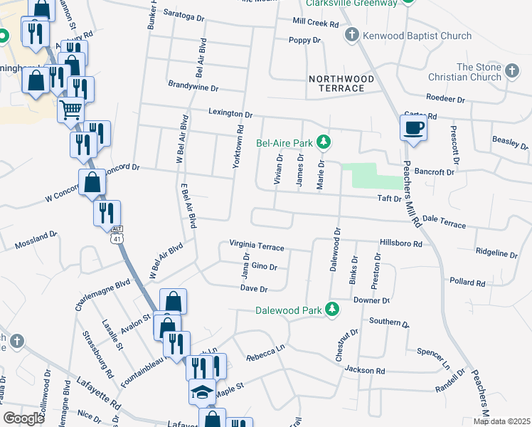 map of restaurants, bars, coffee shops, grocery stores, and more near 175 Dale Terrace in Clarksville