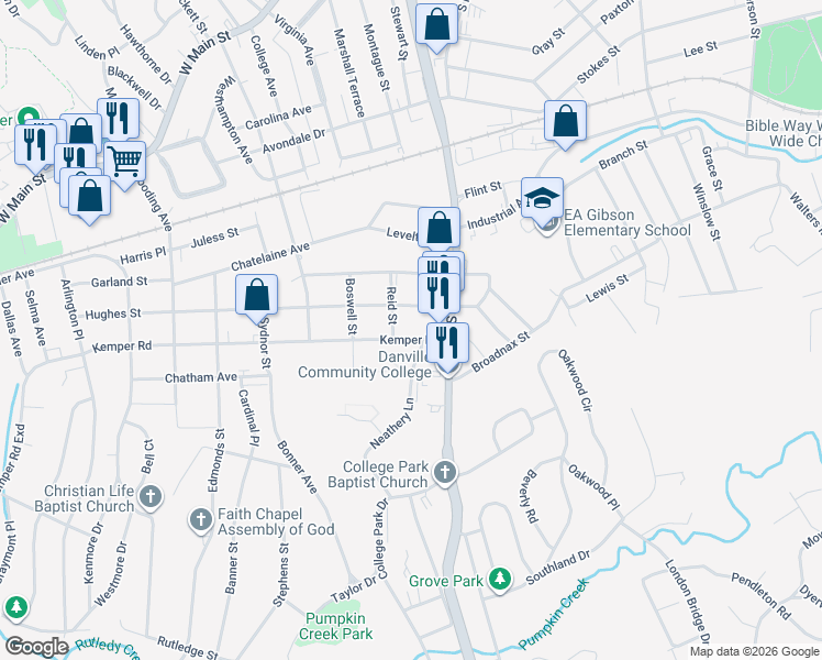map of restaurants, bars, coffee shops, grocery stores, and more near 138 Kemper Road in Danville