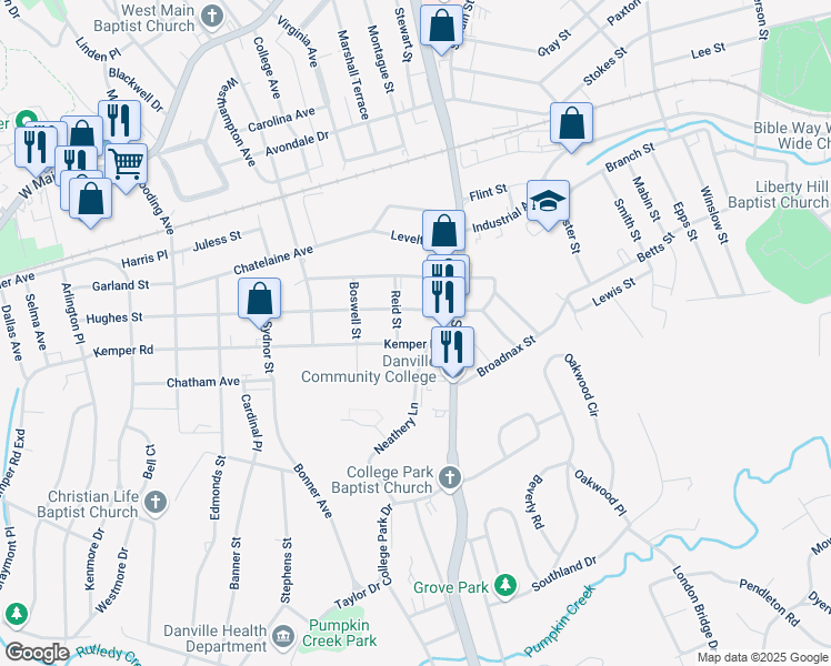 map of restaurants, bars, coffee shops, grocery stores, and more near 138 Kemper Road in Danville