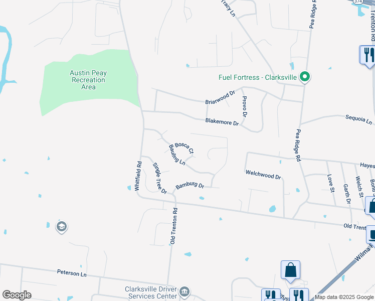 map of restaurants, bars, coffee shops, grocery stores, and more near 390 Bosca Court in Clarksville