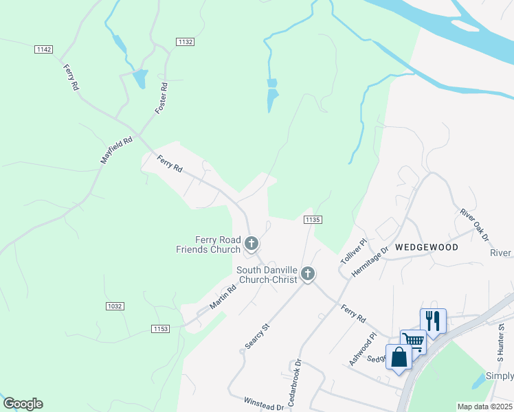 map of restaurants, bars, coffee shops, grocery stores, and more near 890 Ferry Road in Danville