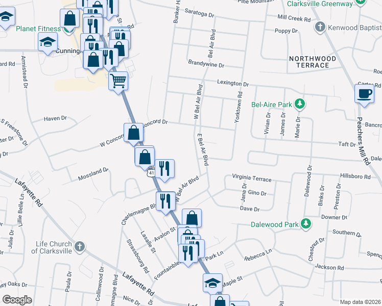map of restaurants, bars, coffee shops, grocery stores, and more near 26 West Bel Air Boulevard in Clarksville