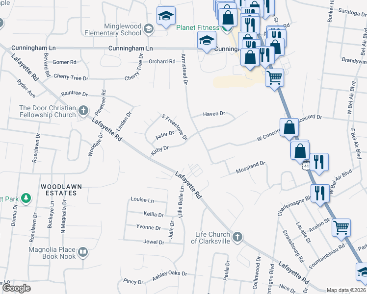 map of restaurants, bars, coffee shops, grocery stores, and more near 214 Kirby Drive in Clarksville