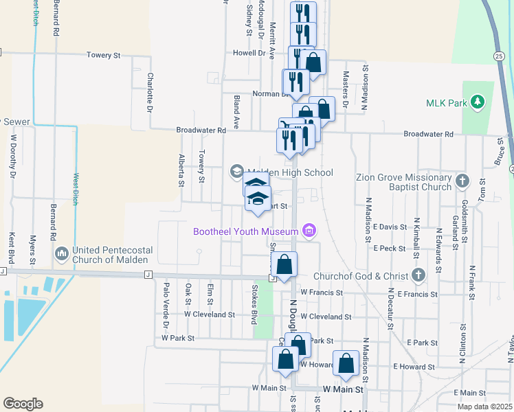 map of restaurants, bars, coffee shops, grocery stores, and more near 505 Burkhart Street in Malden