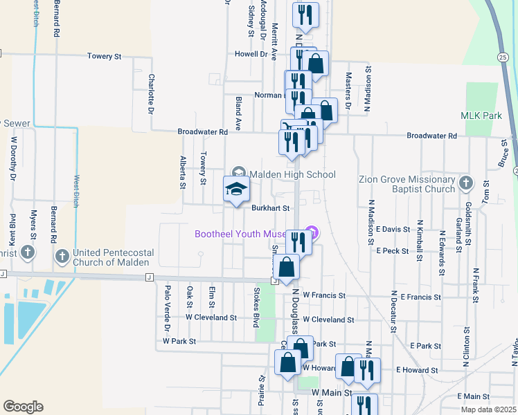 map of restaurants, bars, coffee shops, grocery stores, and more near 505 Burkhart Street in Malden