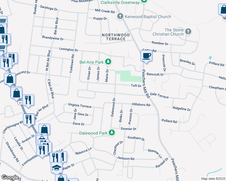 map of restaurants, bars, coffee shops, grocery stores, and more near 44 Dalewood Drive in Clarksville