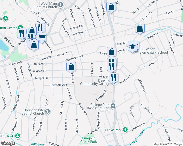 map of restaurants, bars, coffee shops, grocery stores, and more near 229 Kemper Road in Danville