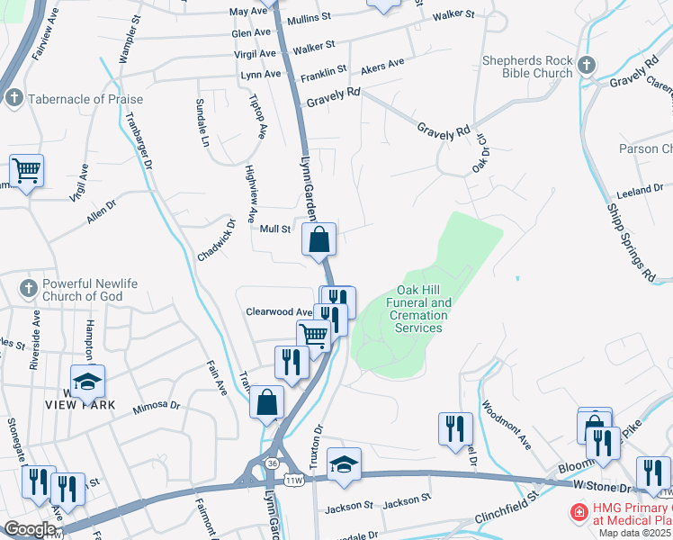 map of restaurants, bars, coffee shops, grocery stores, and more near 871 Lynn Garden Drive in Kingsport