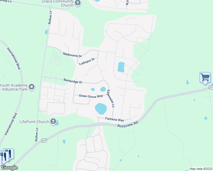 map of restaurants, bars, coffee shops, grocery stores, and more near 1564 Edgewater Lane in Clarksville
