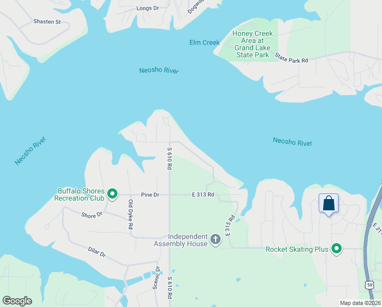 map of restaurants, bars, coffee shops, grocery stores, and more near 61169 East 310 Road in Grove