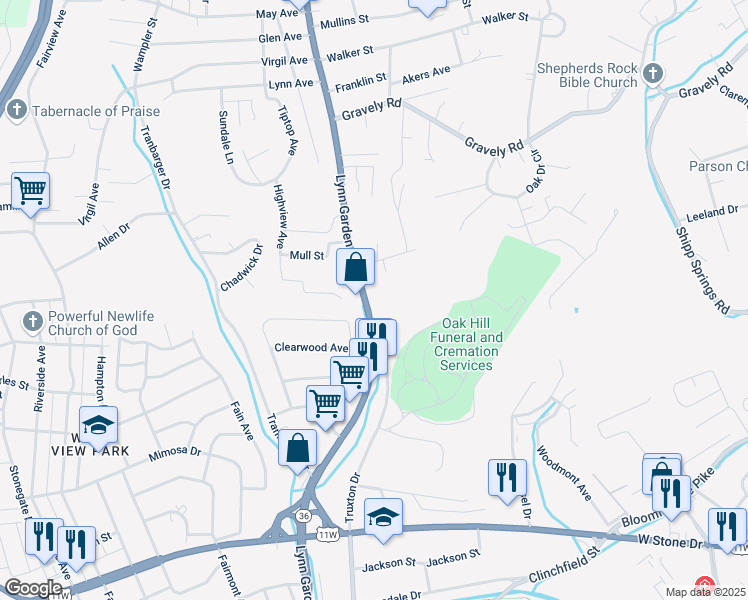 map of restaurants, bars, coffee shops, grocery stores, and more near 871 Lynn Garden Drive in Kingsport