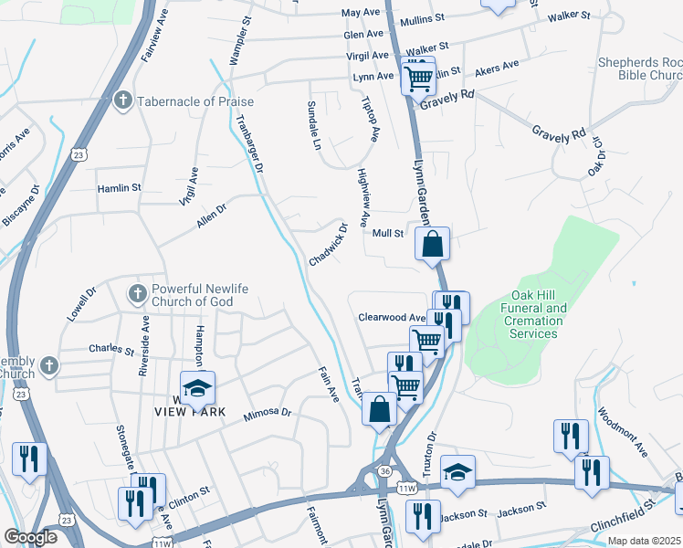 map of restaurants, bars, coffee shops, grocery stores, and more near 912 Camden Drive in Kingsport