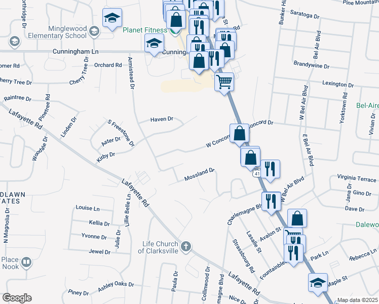 map of restaurants, bars, coffee shops, grocery stores, and more near 138 West Concord Drive in Clarksville