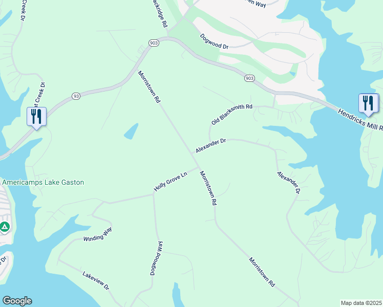 map of restaurants, bars, coffee shops, grocery stores, and more near 1 Alexander Drive in Bracey