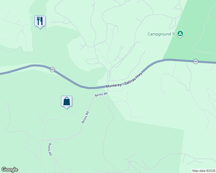 map of restaurants, bars, coffee shops, grocery stores, and more near Hwy 68 & Boots Rd in Monterey