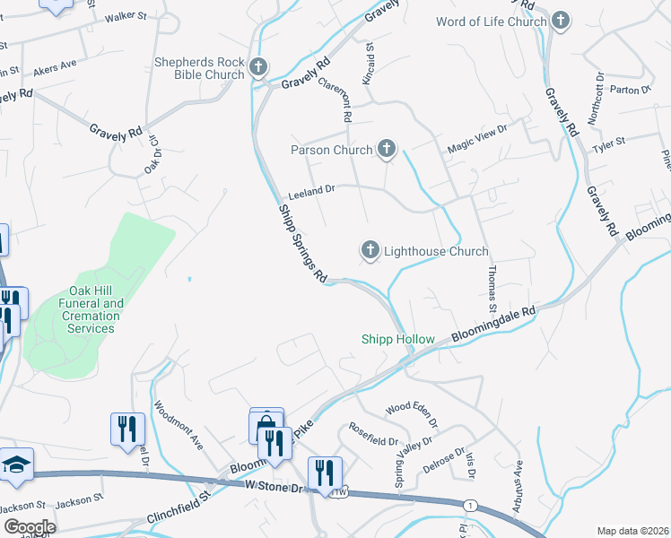map of restaurants, bars, coffee shops, grocery stores, and more near 151 Shipp Springs Road in Kingsport