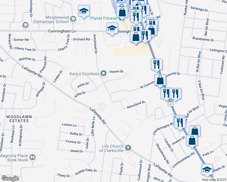 map of restaurants, bars, coffee shops, grocery stores, and more near 155 West Concord Drive in Clarksville