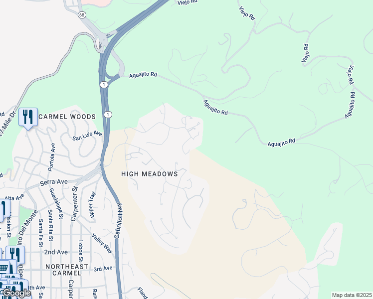 map of restaurants, bars, coffee shops, grocery stores, and more near 3930 Vía Mar Monte in Carmel