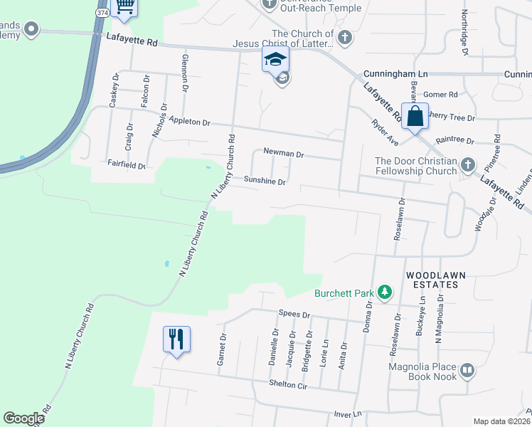 map of restaurants, bars, coffee shops, grocery stores, and more near 316 Donna Drive in Clarksville