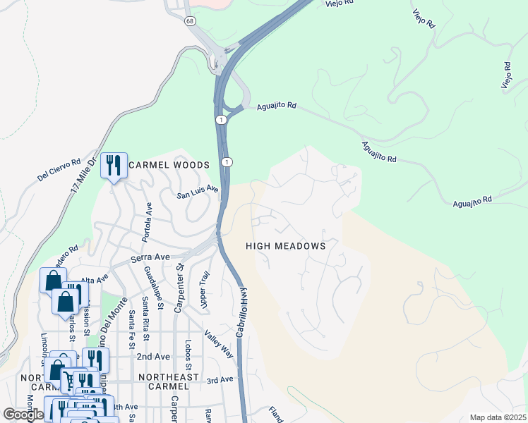 map of restaurants, bars, coffee shops, grocery stores, and more near 23 High Meadow Drive in Carmel-by-the-Sea