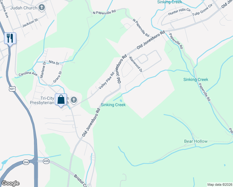 map of restaurants, bars, coffee shops, grocery stores, and more near 1248 Old Jonesboro Road in Bristol