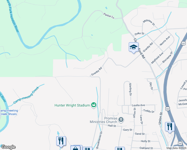 map of restaurants, bars, coffee shops, grocery stores, and more near 1545 Granby Road in Kingsport