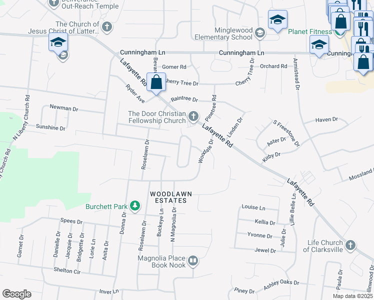 map of restaurants, bars, coffee shops, grocery stores, and more near 320 Lafayette Point Circle in Clarksville