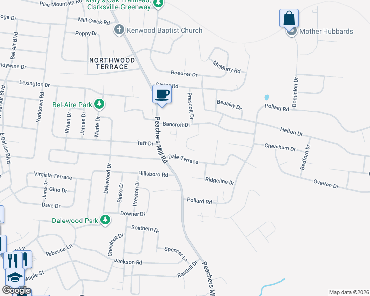 map of restaurants, bars, coffee shops, grocery stores, and more near 307 Dale Terrace in Clarksville