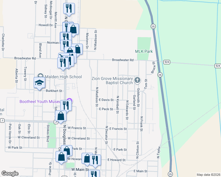 map of restaurants, bars, coffee shops, grocery stores, and more near 906 North Decatur Street in Malden