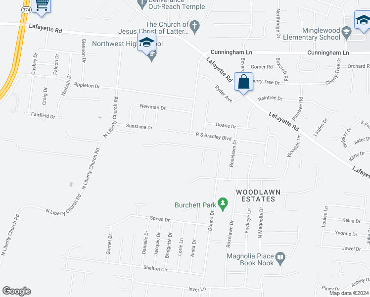 map of restaurants, bars, coffee shops, grocery stores, and more near 350 Donna Drive in Clarksville