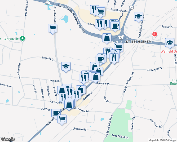 map of restaurants, bars, coffee shops, grocery stores, and more near 150 Fairview Lane in Clarksville