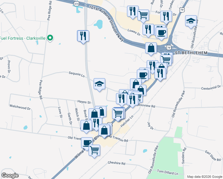 map of restaurants, bars, coffee shops, grocery stores, and more near 230 Fairview Lane in Clarksville