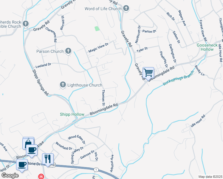 map of restaurants, bars, coffee shops, grocery stores, and more near 1212 Wayne Street in Kingsport