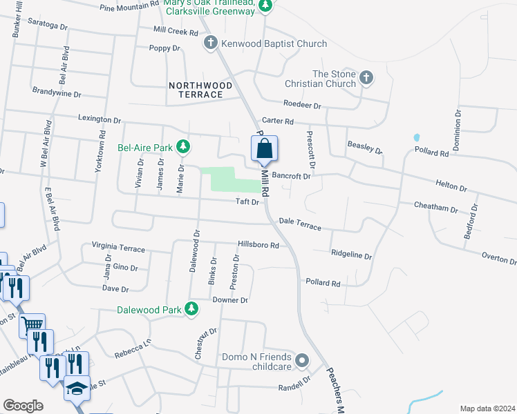 map of restaurants, bars, coffee shops, grocery stores, and more near 218 Taft Drive in Clarksville