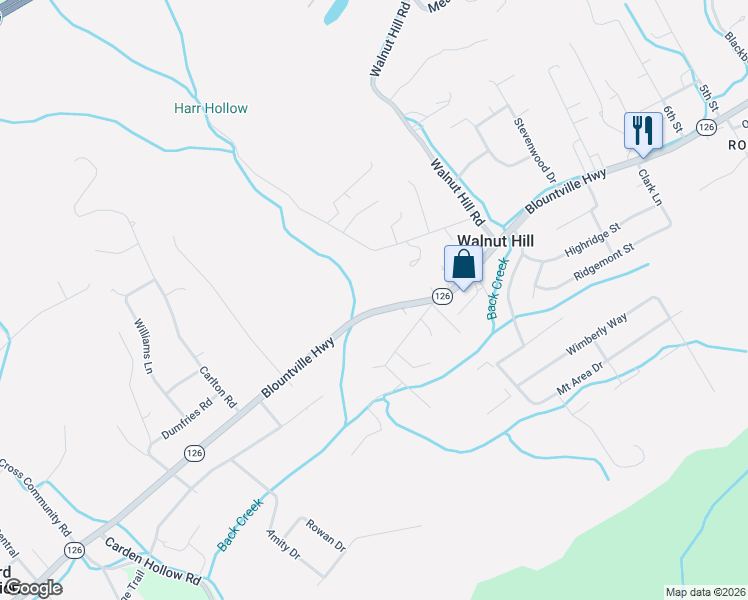 map of restaurants, bars, coffee shops, grocery stores, and more near 1573 Tennessee 126 in Bristol