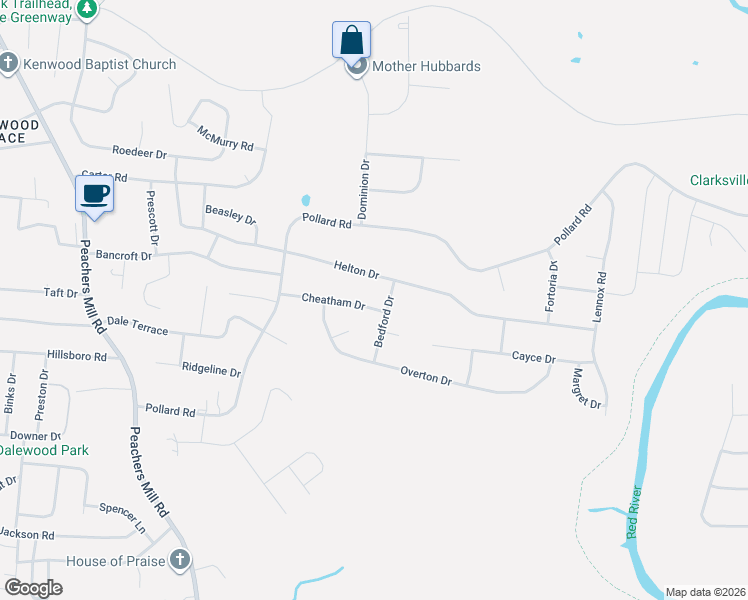 map of restaurants, bars, coffee shops, grocery stores, and more near 524 Helton Drive in Clarksville