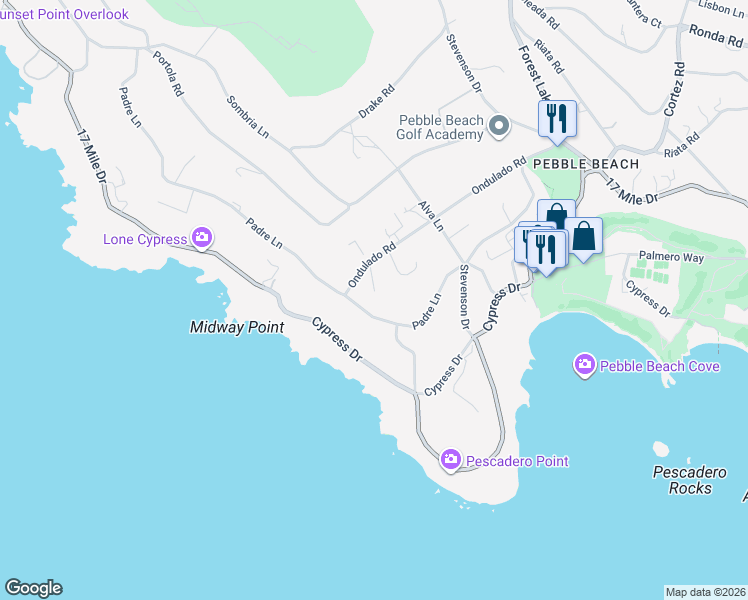 map of restaurants, bars, coffee shops, grocery stores, and more near 1451 Ondulado Road in Del Monte Forest