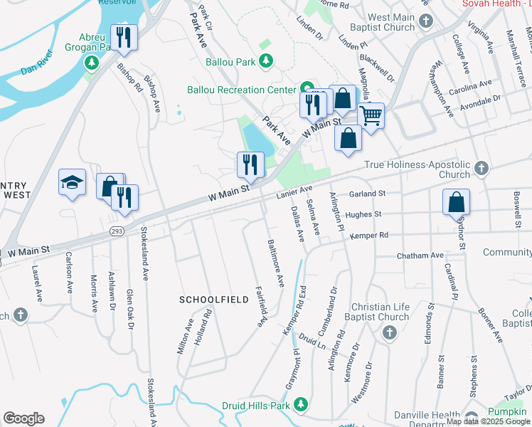 map of restaurants, bars, coffee shops, grocery stores, and more near 31 Baltimore Avenue in Danville