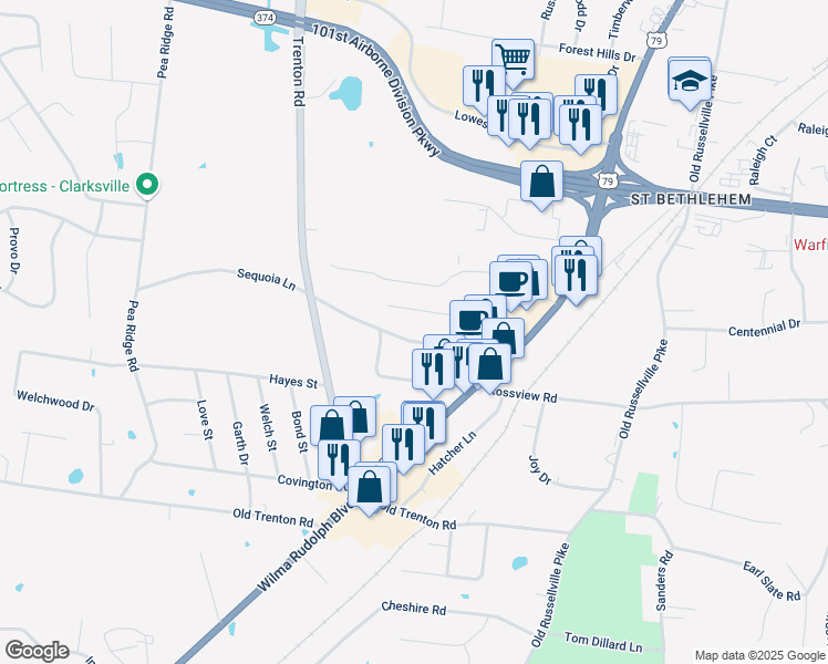 map of restaurants, bars, coffee shops, grocery stores, and more near 200 Fairview Lane in Clarksville