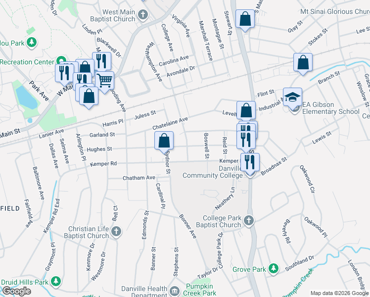 map of restaurants, bars, coffee shops, grocery stores, and more near 414 Hughes Street in Danville
